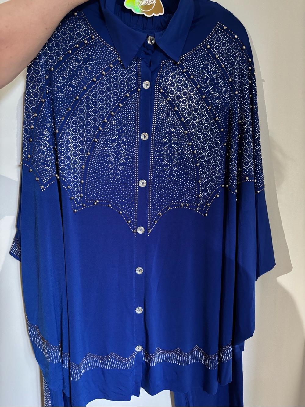 Blue Embellished Button-Front Women's Top